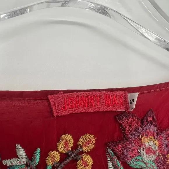 Johnny Was Top Women S Red Embroidered Floral Boho Hippie Peasant Western - Picture 4 of 8